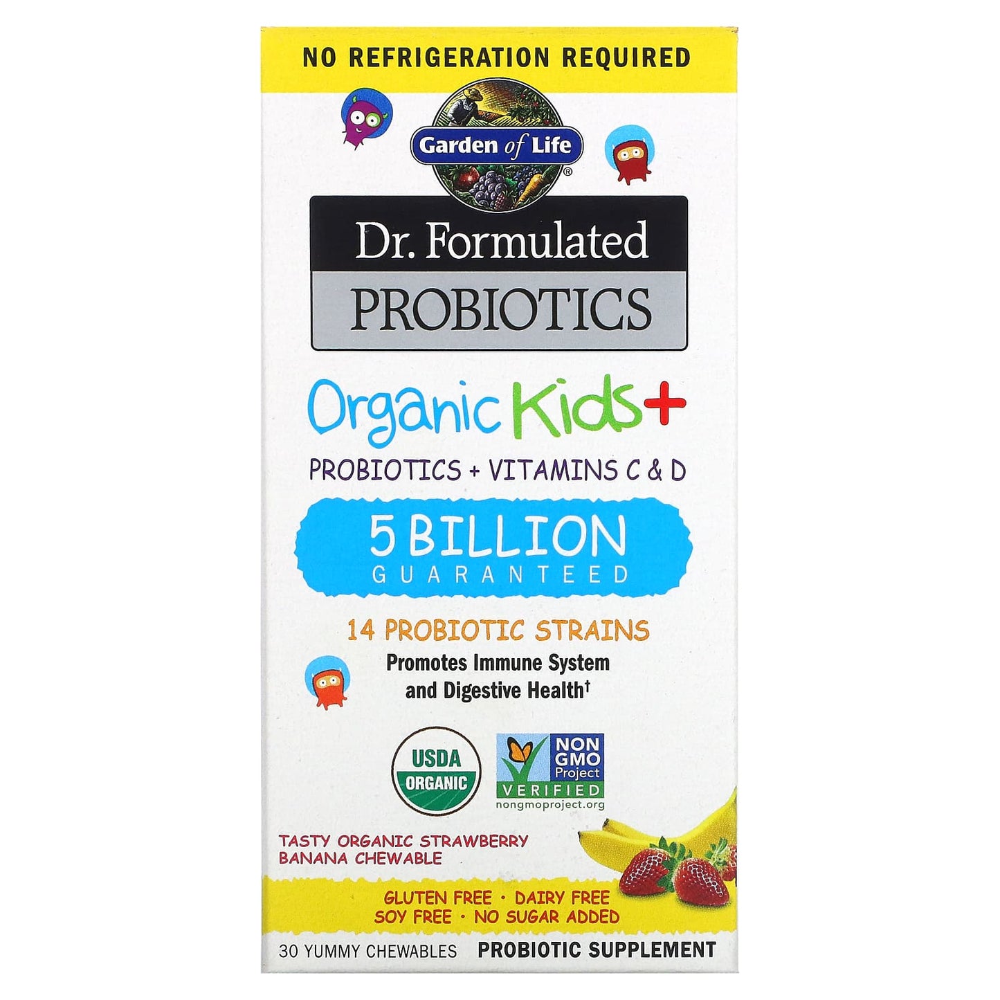 Garden of Life-Dr. Formulated Probiotics-Organic Kids +-Tasty Organic Strawberry Banana-30 Yummy Chewables