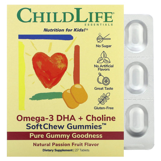 ChildLife Essentials-Essentials-Omega-3 DHA + Choline-SoftChew Gummies-Passion Fruit-27 Tablets