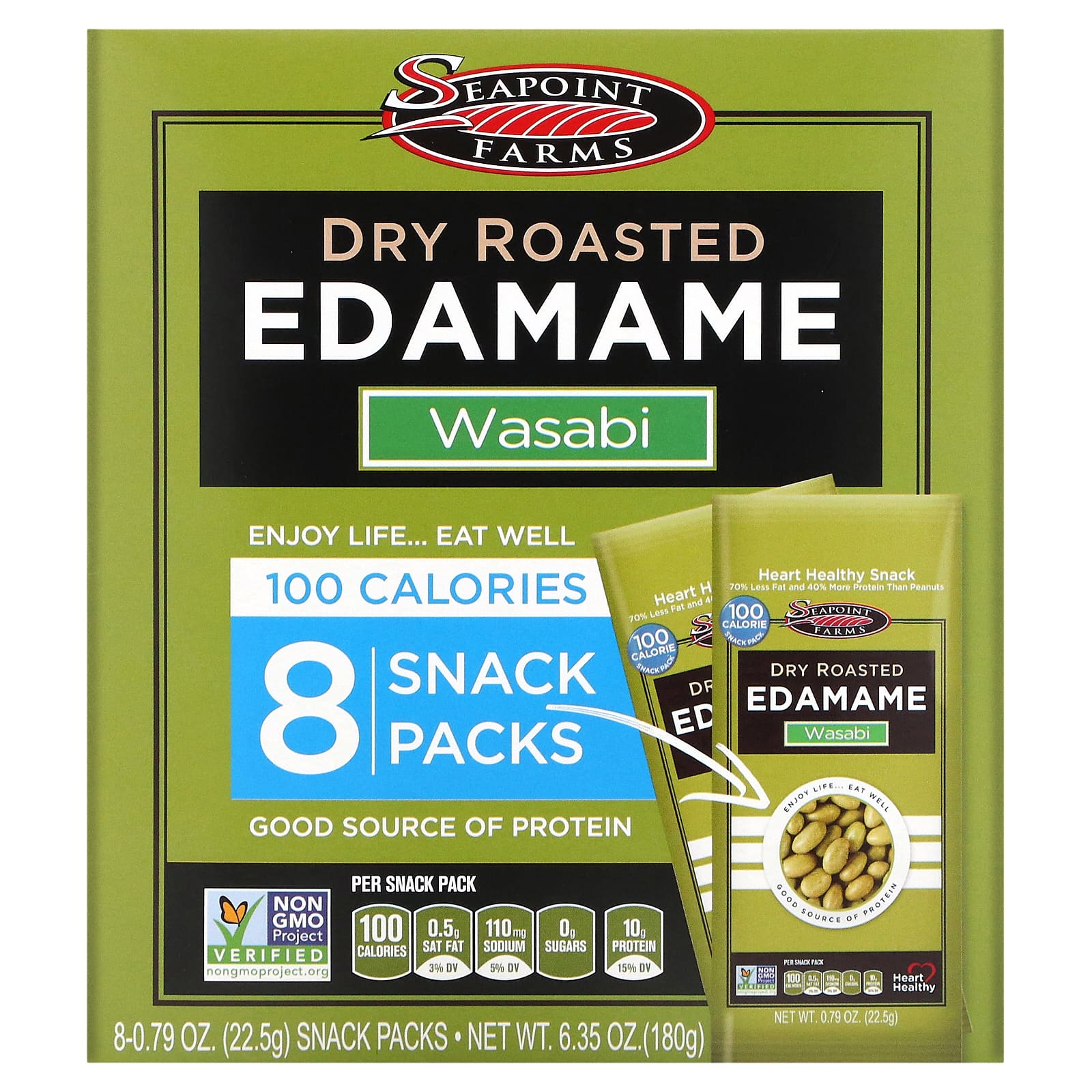 Seapoint Farms-Dry Roasted Edamame-Wasabi-8 Snack Packs-0.79 oz (22.5 g) Each