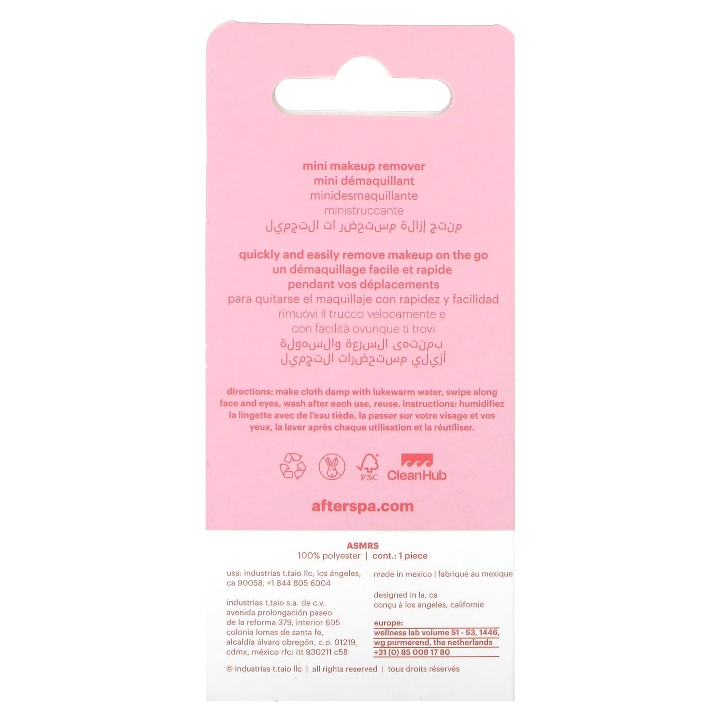 AfterSpa, Mini Makeup Remover, Pink, 1 Cloth