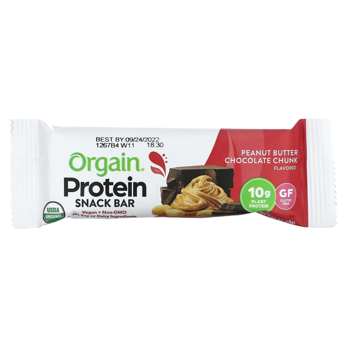 Orgain, Organic Plant-Based Protein Bar, Peanut Butter Chocolate Chunk, 12 Bars, 1.41 oz (40 g) Each