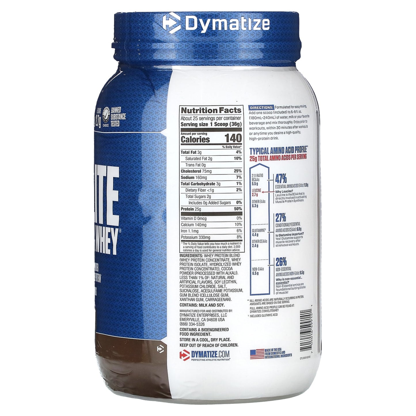 Dymatize, Elite, 100% Whey Protein Powder, Rich Chocolate, 2 lbs (907 g)