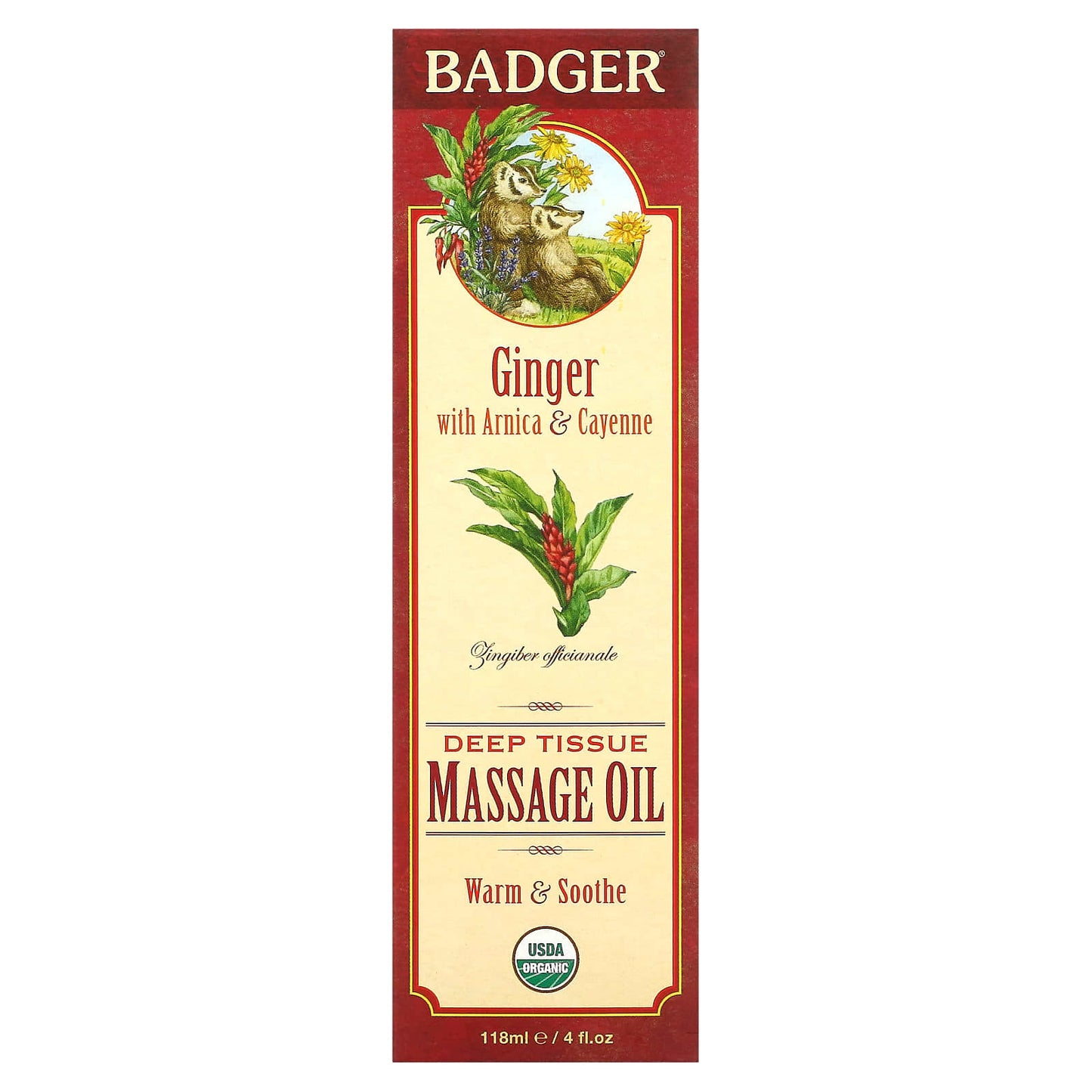 Badger Company, Deep Tissue Massage Oil, Ginger with Arnica & Cayenne, 4 fl oz (118 ml)