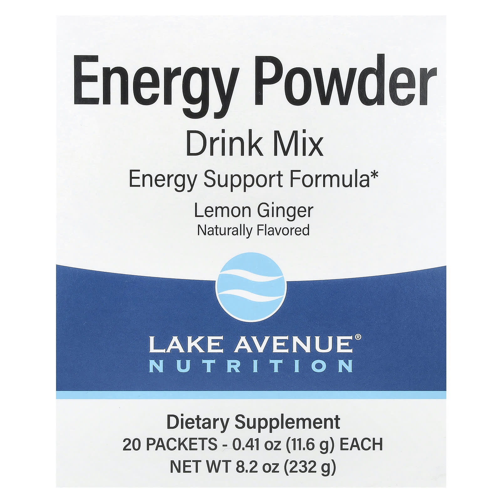 Lake Avenue Nutrition-Energy Powder Drink Mix-Lemon Ginger-20 Packets-0.41 oz (11.6 g) Each