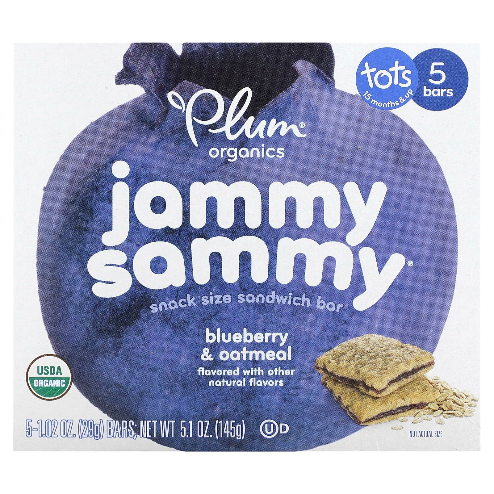 Plum Organics-Jammy Sammy-Snack Size Sandwich Bar-15 Months & Up-Blueberry & Oatmeal-5 Bars-1.02 oz (29 g) Each