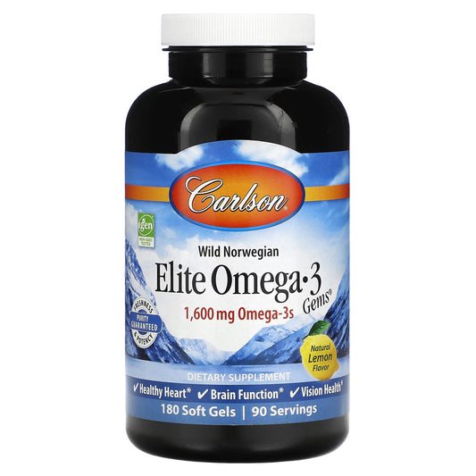 Carlson-Wild Norwegian-Elite Omega-3 Gems-Natural Lemon-1,600 mg-180 Soft Gels (800 mg per Soft Gel)