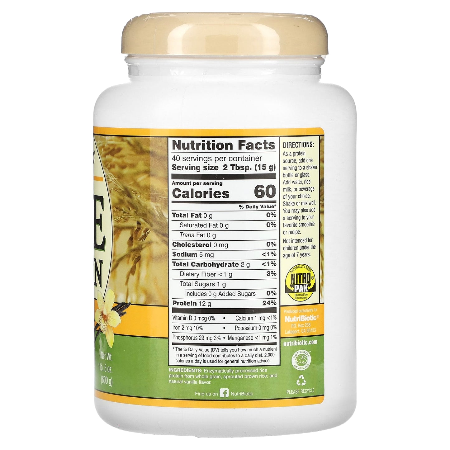 NutriBiotic, Raw Rice Protein, Vanilla, 1 lb 5 oz (600 g)