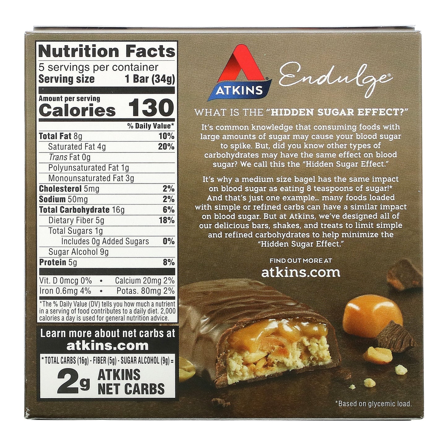 Atkins, Endulge, Caramel Nut Chew Bar, 5 Bars, 1.2 oz (34 g) Each