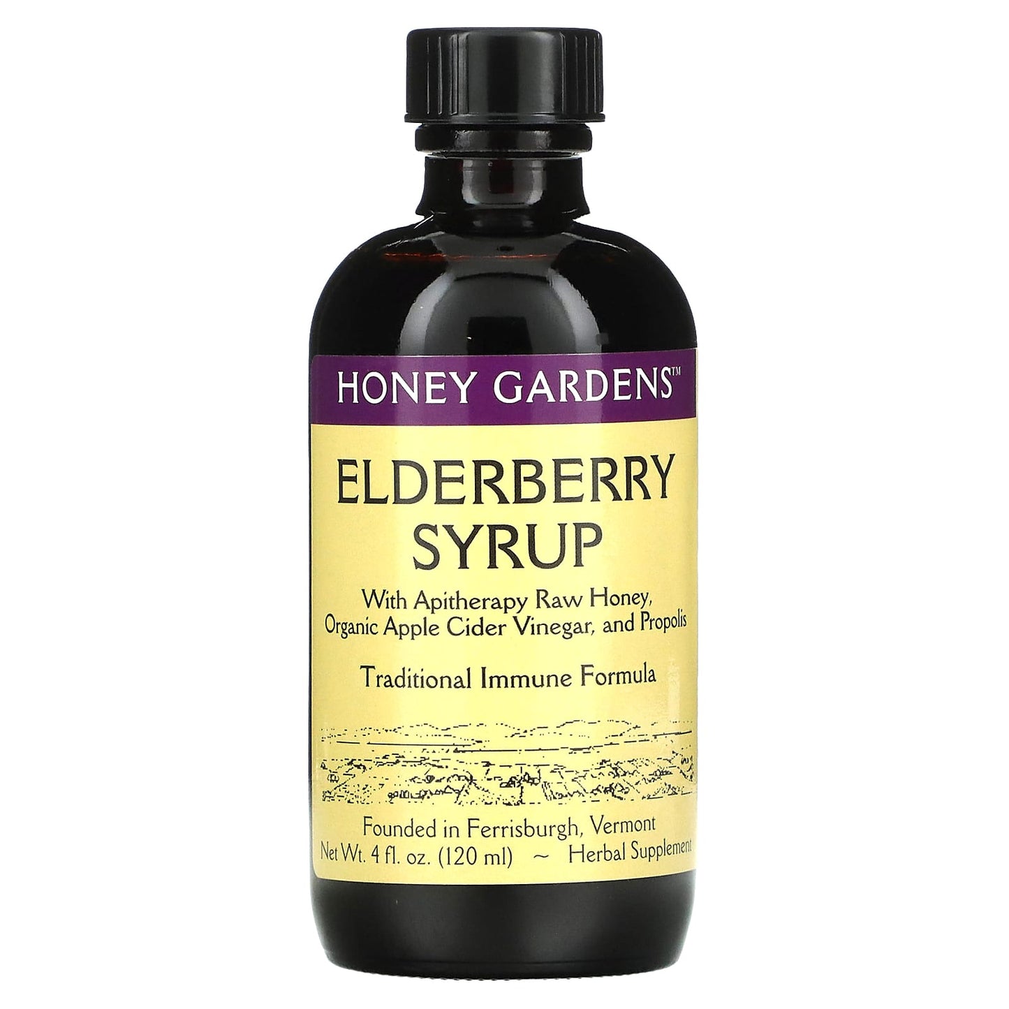 Honey Gardens-Elderberry Syrup with Apitherapy Raw Honey-Organic Apple Cider Vinegar-and Propolis -4 fl oz (120 ml)