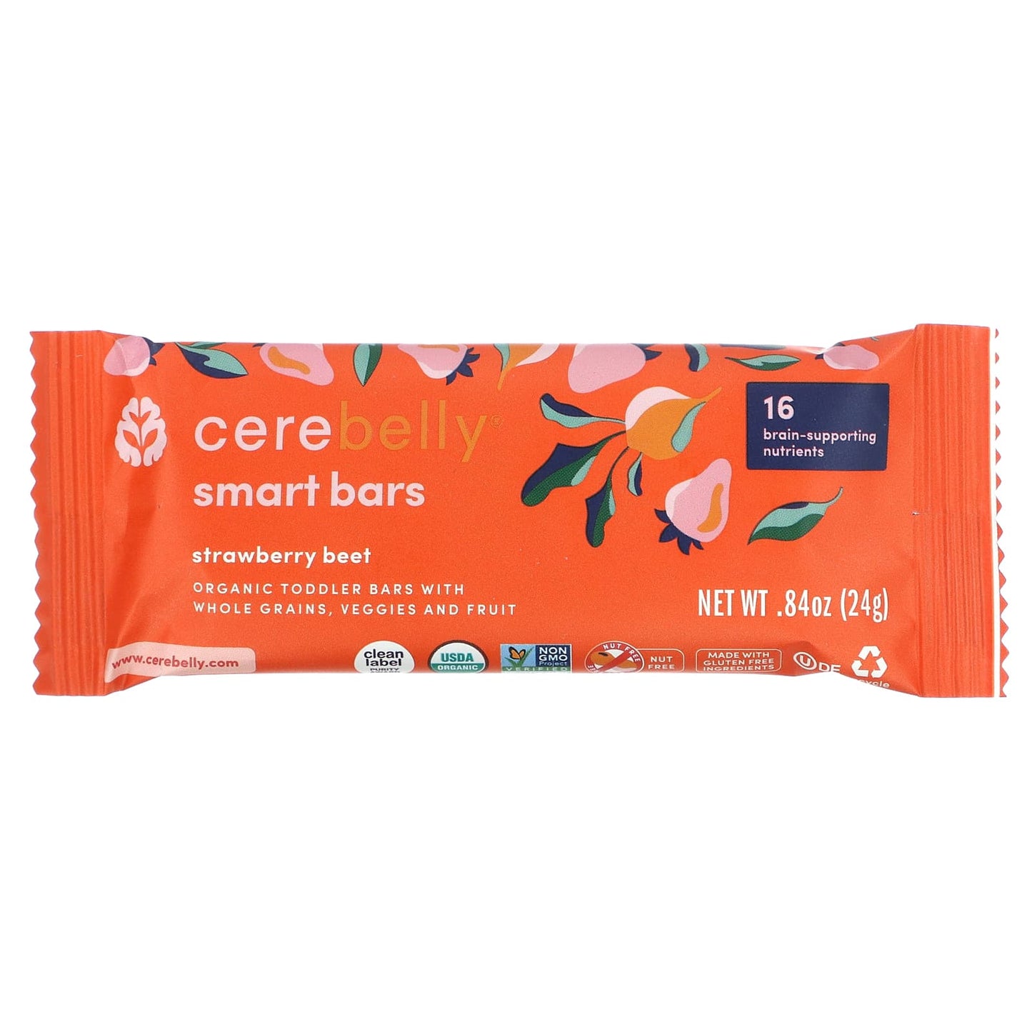 Cerebelly, Smart Bars, Organic Toddler Bars, Strawberry Beet, 5 Bars, 0.84 oz (24 g) Each