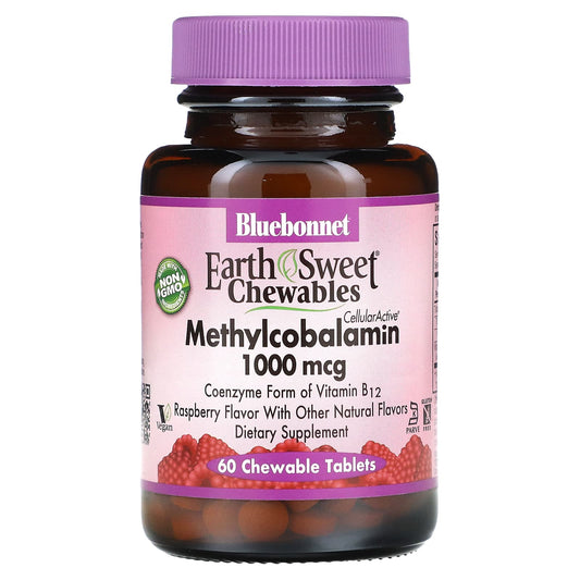 Bluebonnet Nutrition-EarthSweet Chewables-Methylcobalamin-Raspberry -1,000 mcg-60 Chewable Tablets