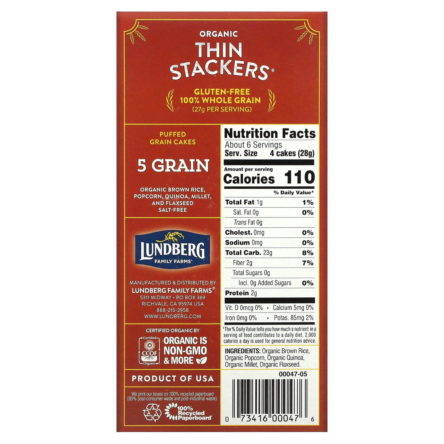 Lundberg, Organic Thin Stackers, Puffed Grain Cakes, 5 Grain, Salt-Free, 24 Rice Cakes, 6 oz (168 g)