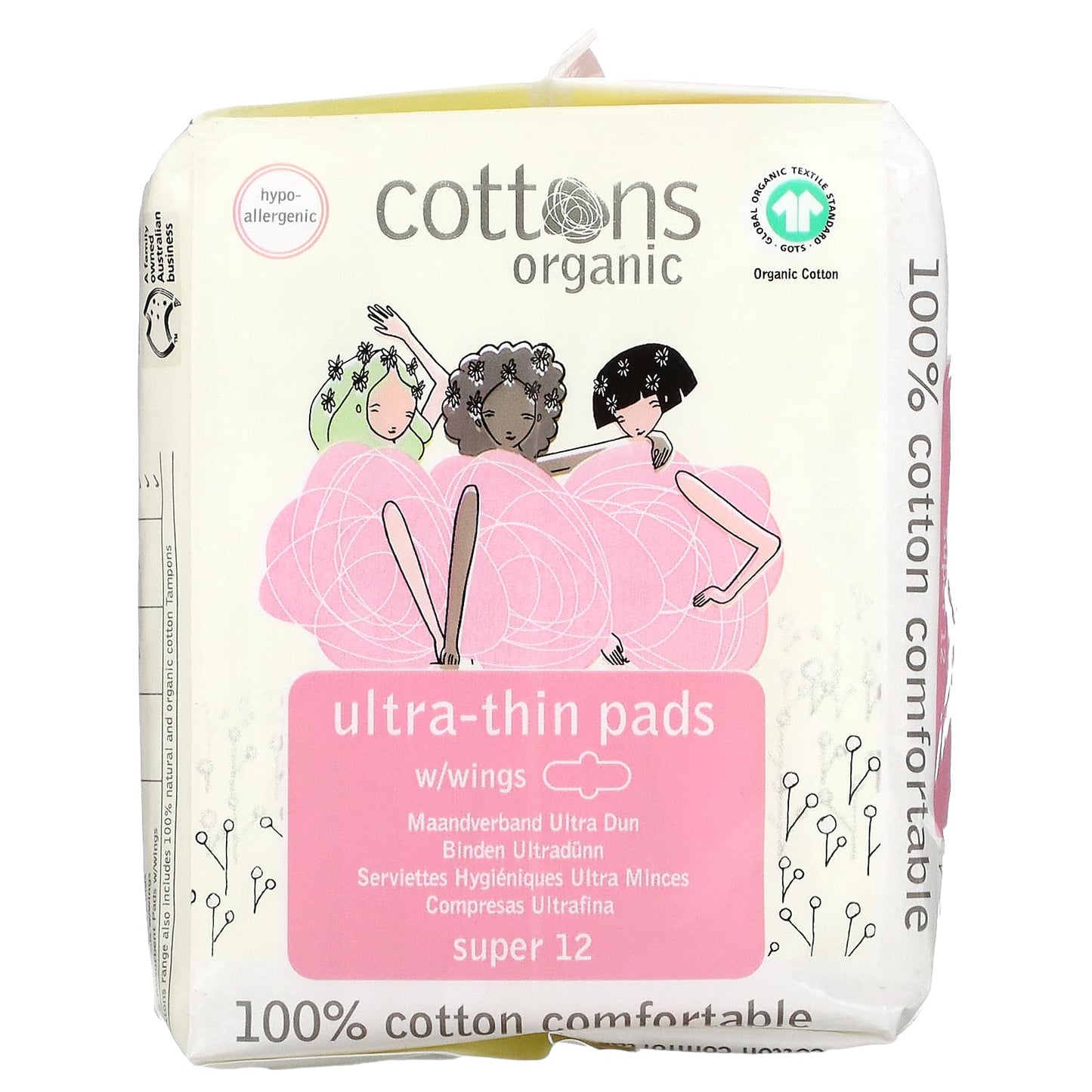 Cottons, 100% Natural Cotton Coversheet, Ultra-Thin Pads with Wings, Super, 12 Pads