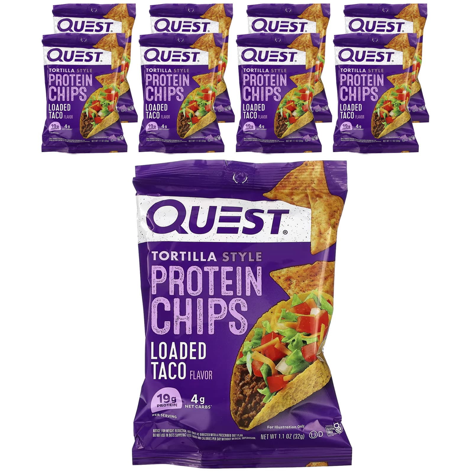 Quest Nutrition-Tortilla Style Protein Chips-Loaded Taco-8 Bags-1.1 oz (32 g) Each