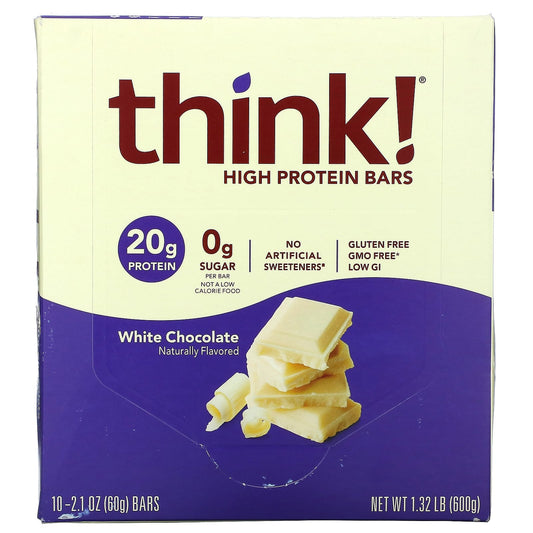 Think !-High Protein Bars-White Chocolate-10 Bars-2.1 oz (60 g) Each