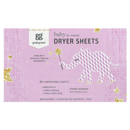 Grab Green-Dryer Sheets-Baby-5+ Months-Dreamy Rosewood with Essential Oils-80 Compostable Sheets