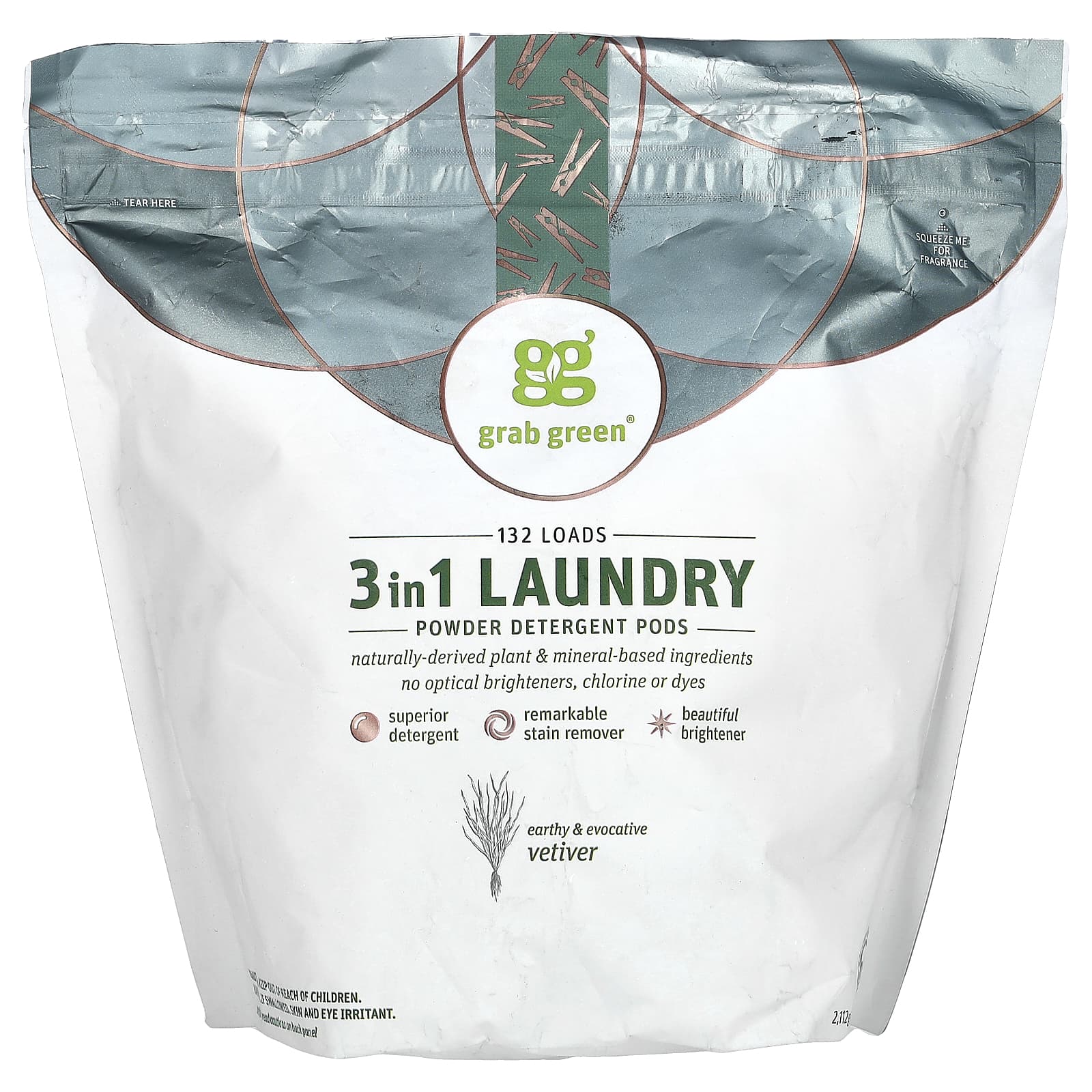 Grab Green-3-in-1 Laundry Powder Detergent Pods-Vetiver-132 Loads-4 lbs (2,112 g)
