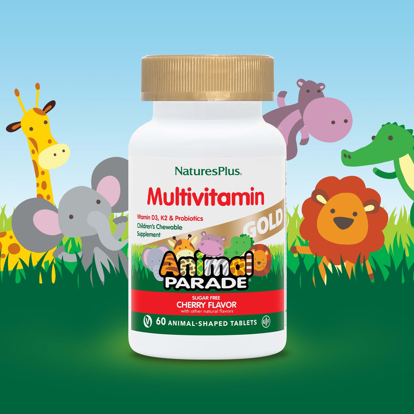 NaturesPlus, Animal Parade Gold, Children's Chewable Multivitamin Supplement, Cherry, 60 Animal-Shaped Tablets