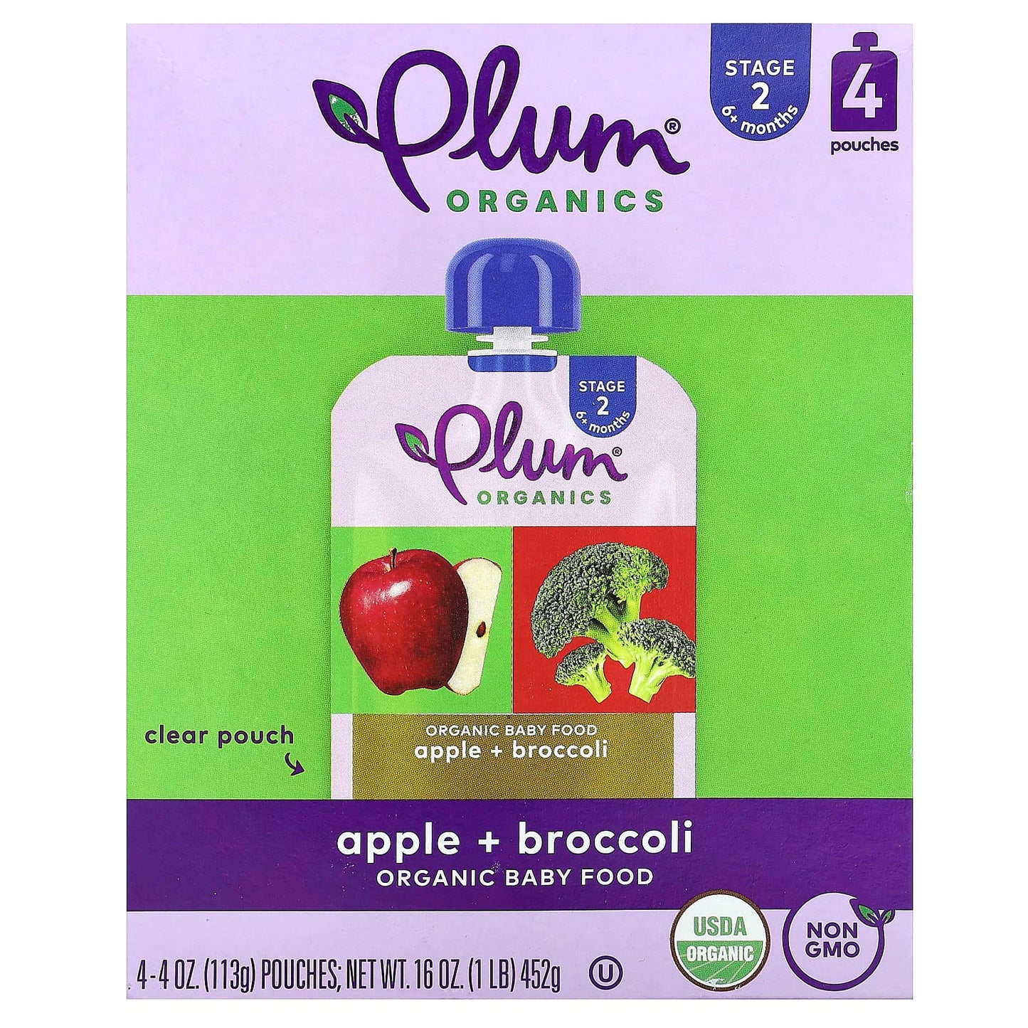 Plum Organics-Organic Baby Food-6+ Months-Apple + Broccoli-4 Pouches-4 oz (113 g) Each