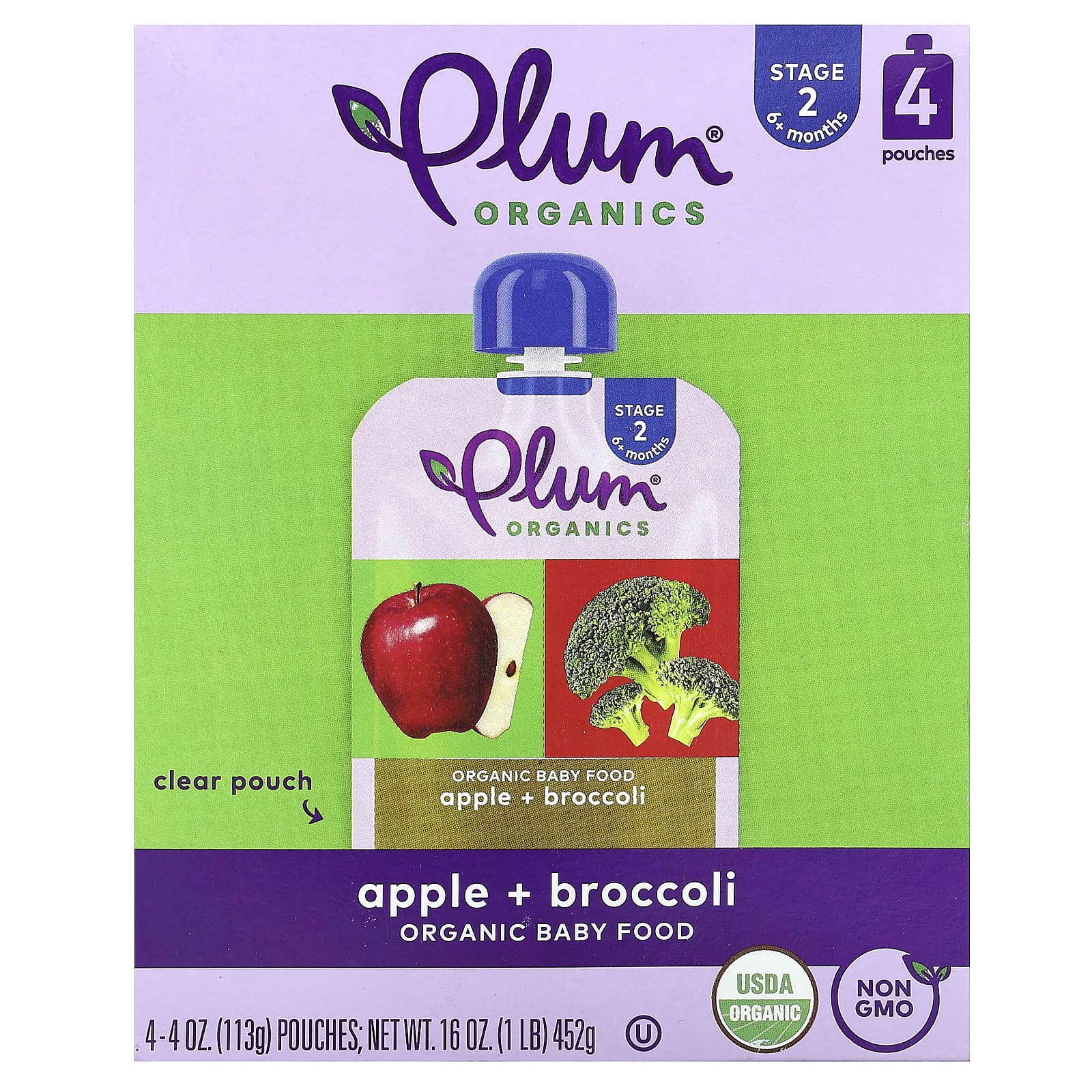 Plum Organics-Organic Baby Food-6+ Months-Apple + Broccoli-4 Pouches-4 oz (113 g) Each