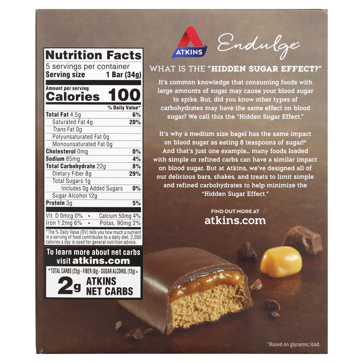 Atkins, Endulge, Chocolate Caramel Mousse Bar, 5 Bars, 1.2 oz (34 g) Each