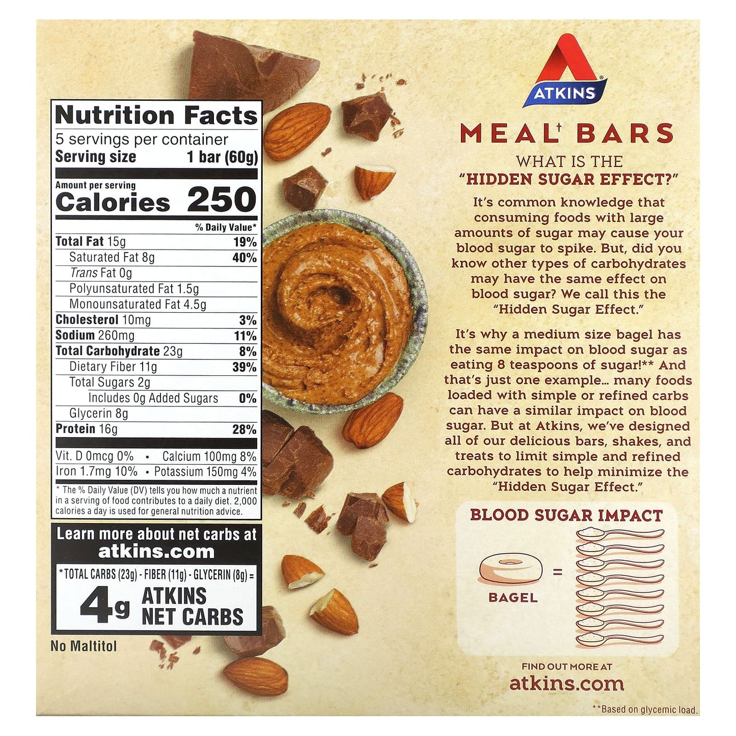 Atkins, Protein Meal Bar, Chocolate Almond Butter, 5 Bars, 2.12 oz (60 g) Each