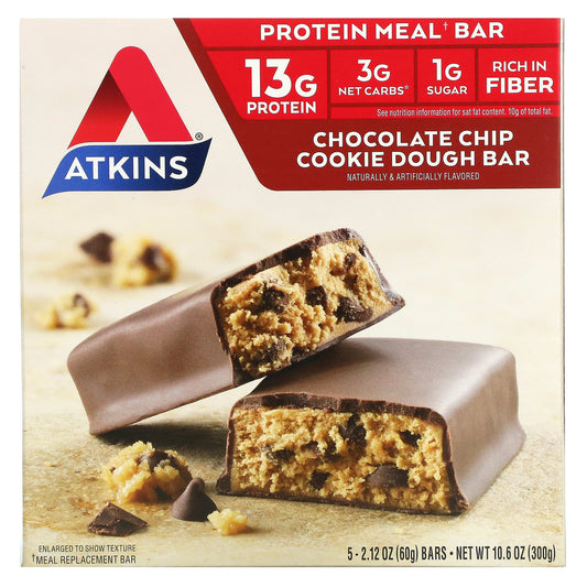 Atkins-Protein Meal Bar-Chocolate Chip Cookie Dough-5 Bars-2.12 oz (60 g) Each