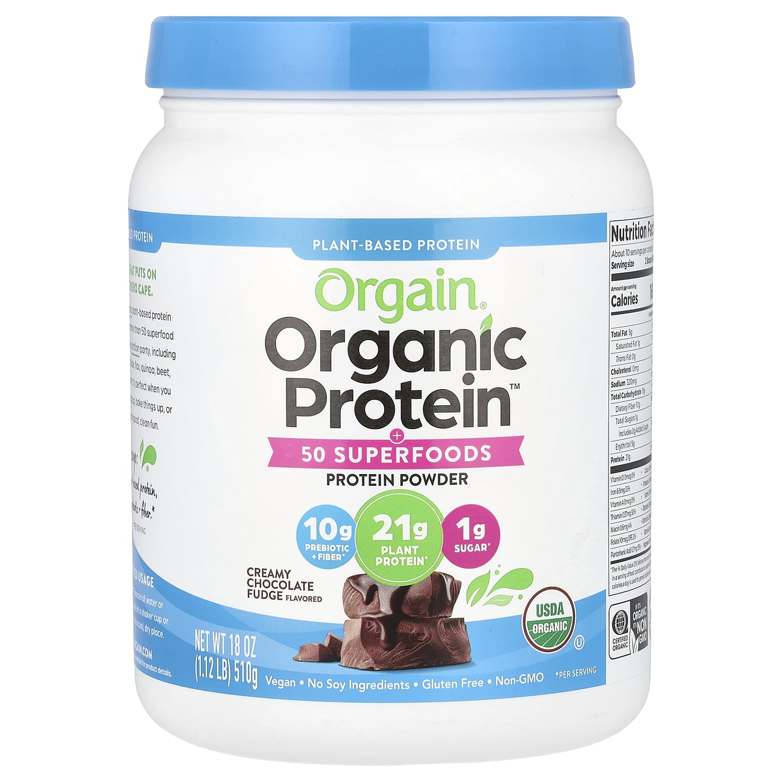 Orgain-Organic Protein + 50 Superfoods Protein Powder-Creamy Chocolate Fudge-1.12 lbs (510 g)