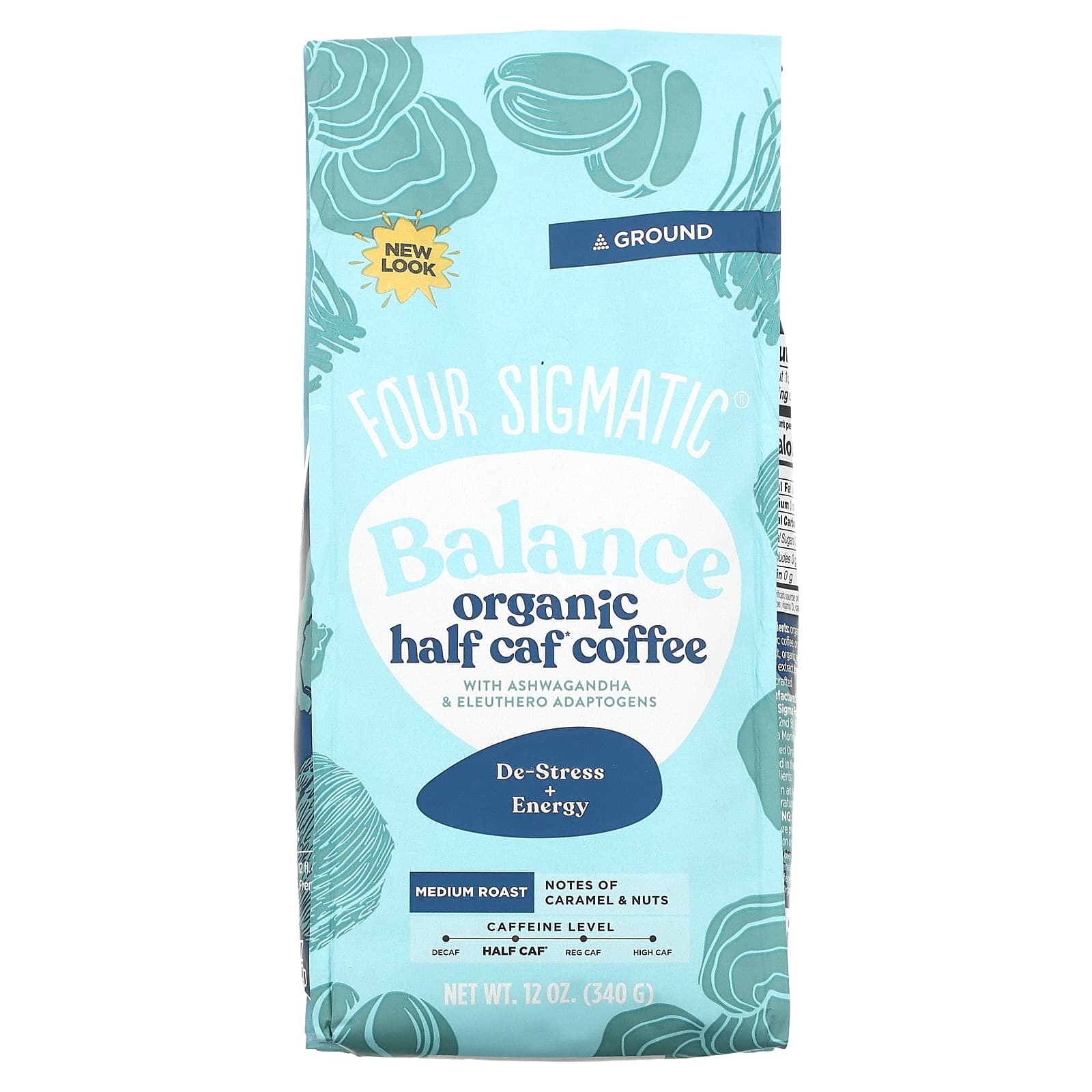 Four Sigmatic-Balance Organic Half Caf Coffee with Ashwagandha & Eleuthero Adaptogens-Ground-Medium Roast-12 oz (340 g)