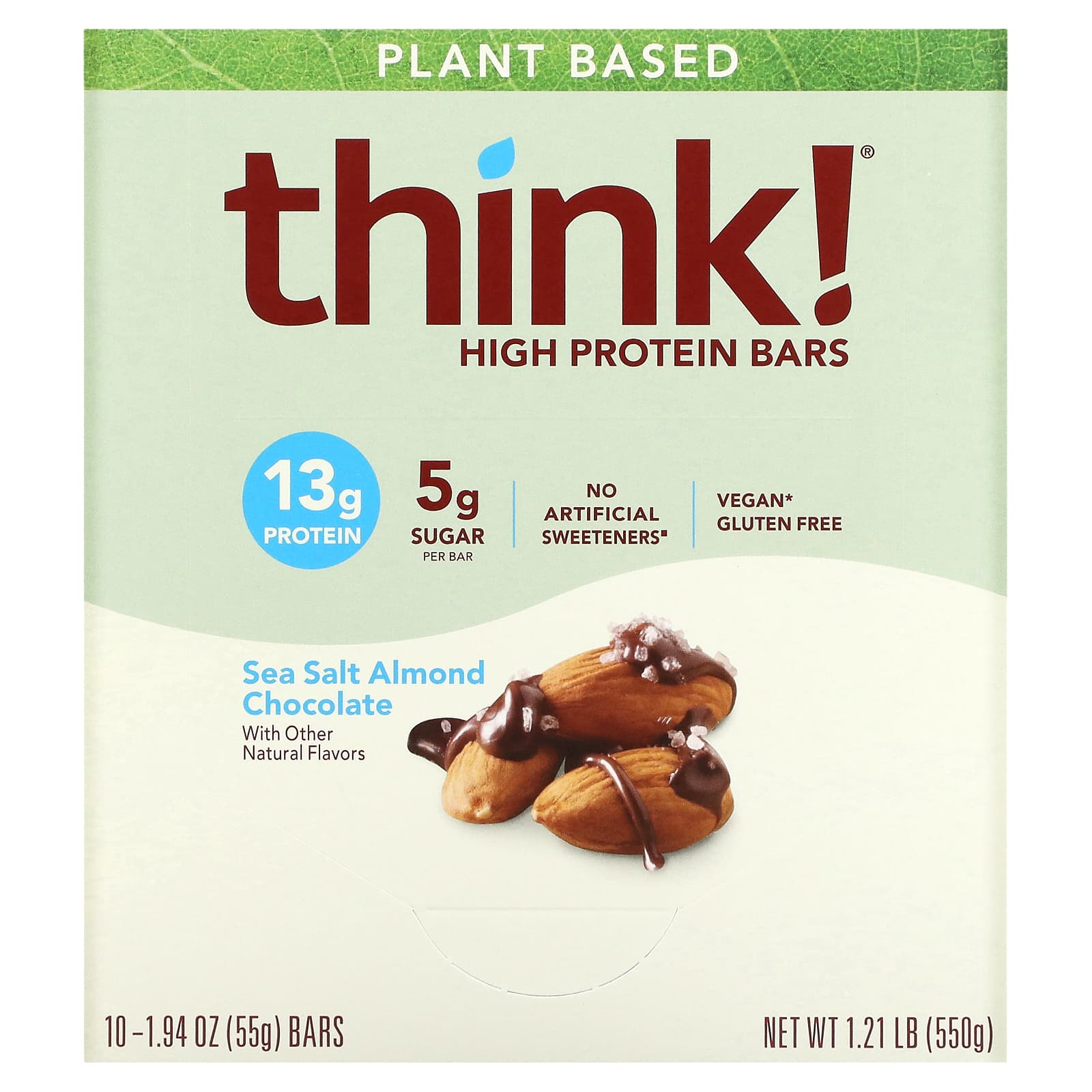 Think !-High Protein Bars-Sea Salt Almond Chocolate-10 Bars-1.94 oz (55 g) Each