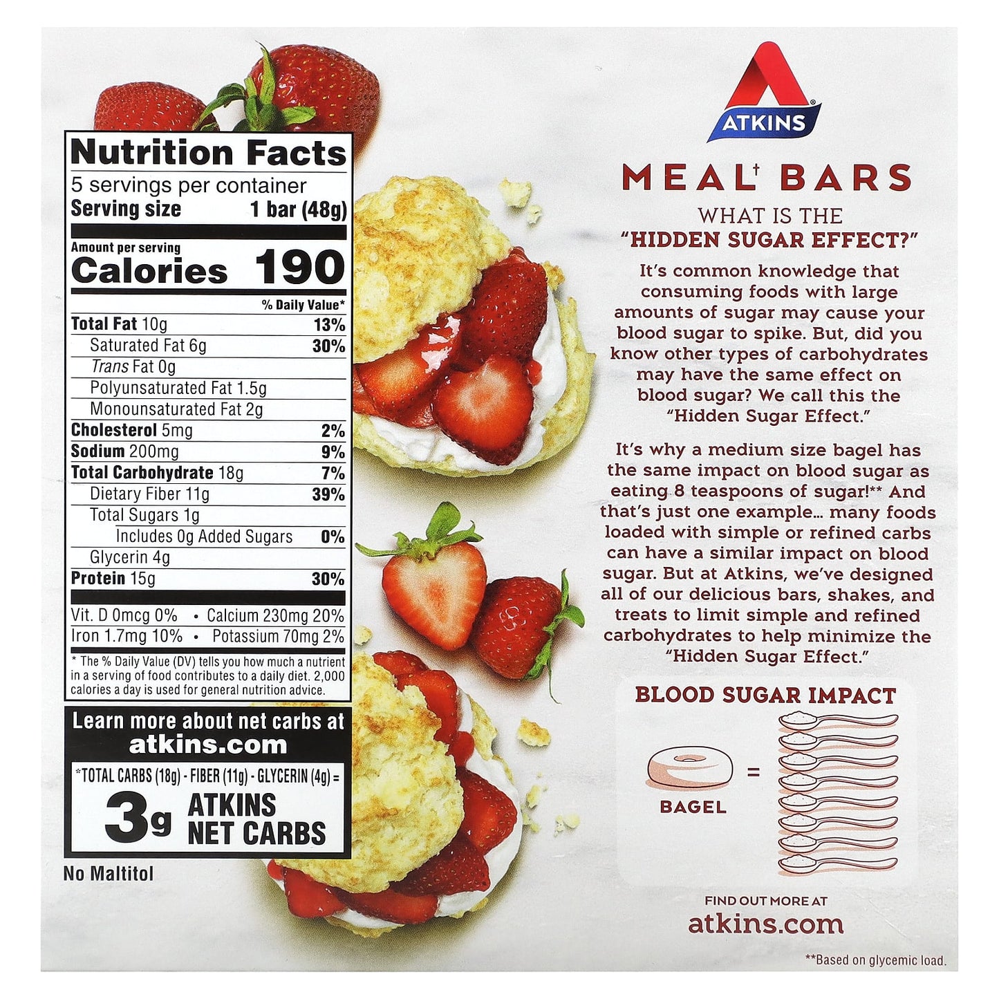 Atkins, Protein Meal Bar, Strawberry Shortcake, 5 Bars, 1.69 oz (48 g) Each