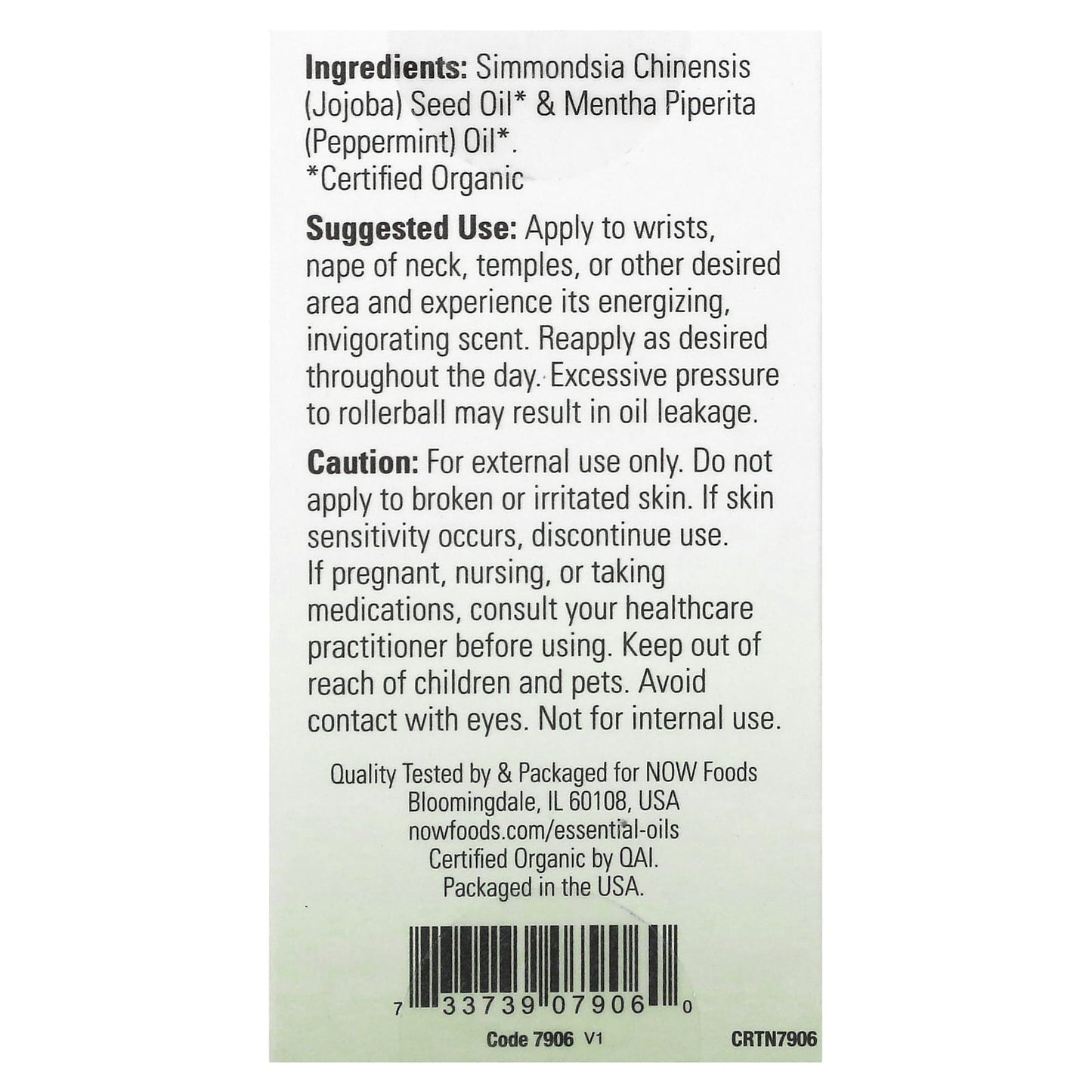 NOW Foods, Certified Organic Peppermint Roll-On, 1/3 fl oz (10 ml)