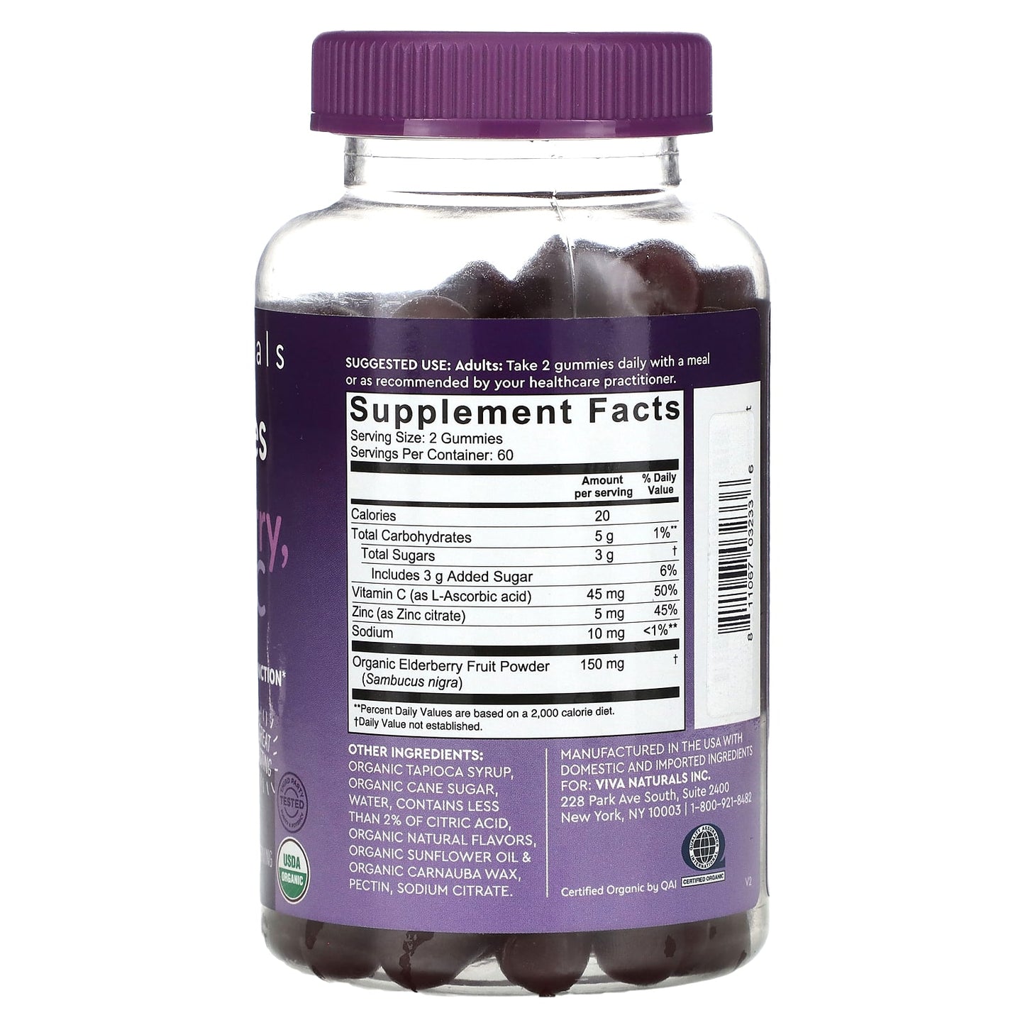 Viva Naturals, Organic Elderberry, Vitamin C + Zinc, Raspberry Rush, 120 Gummies