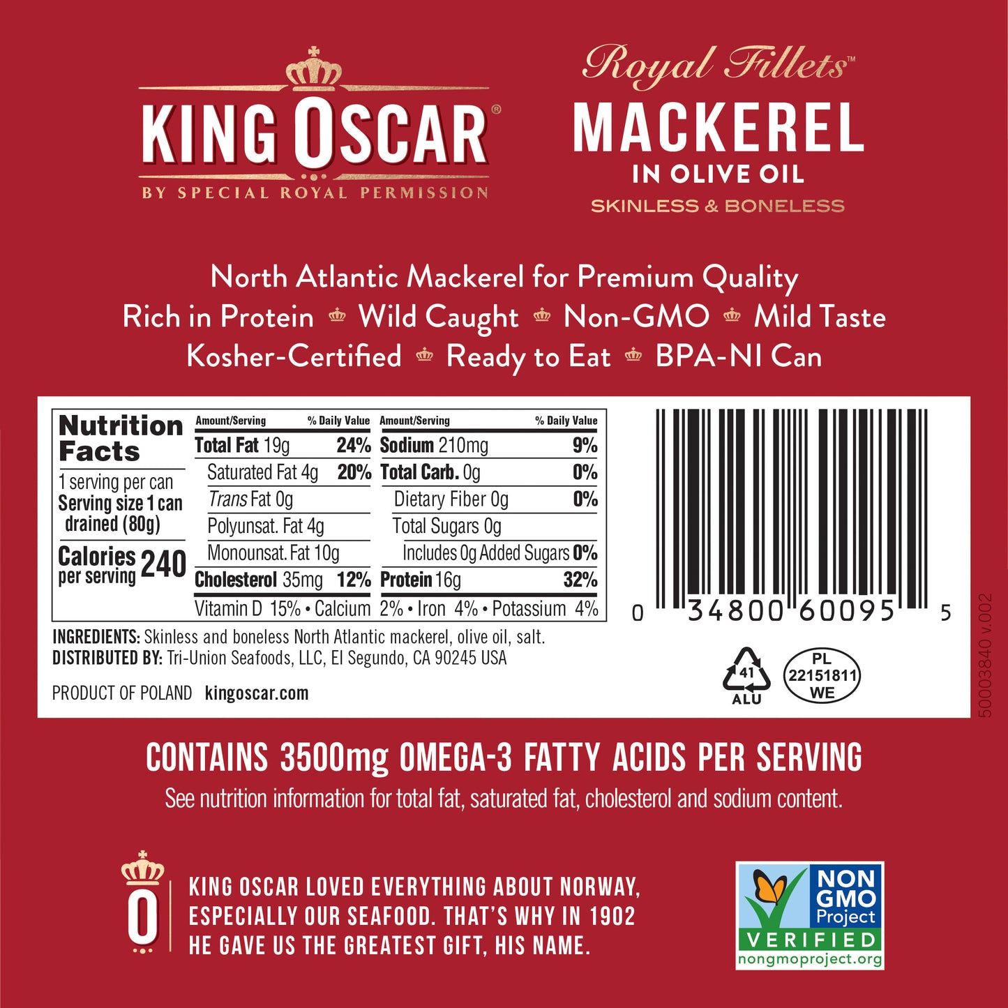 King Oscar, Royal Fillets, Mackerel in Olive Oil, 4.05 oz (115 g)