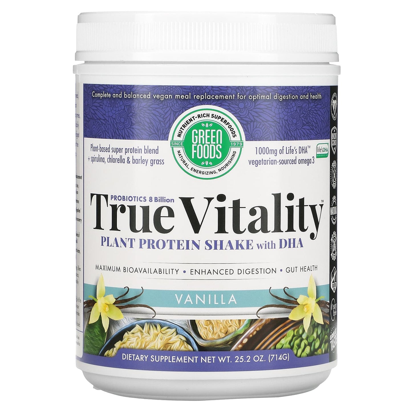 Green Foods-True Vitality-Plant Protein Shake with DHA-Vanilla-25.2 oz (714 g)