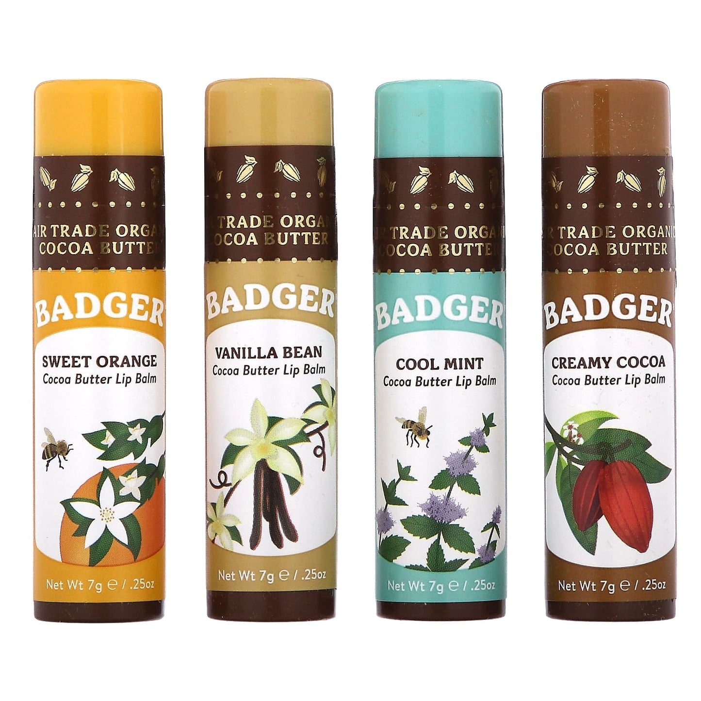 Badger Company-Cocoa Butter Lip Balms Set-4 Pack-0.25 oz (7 g) Each