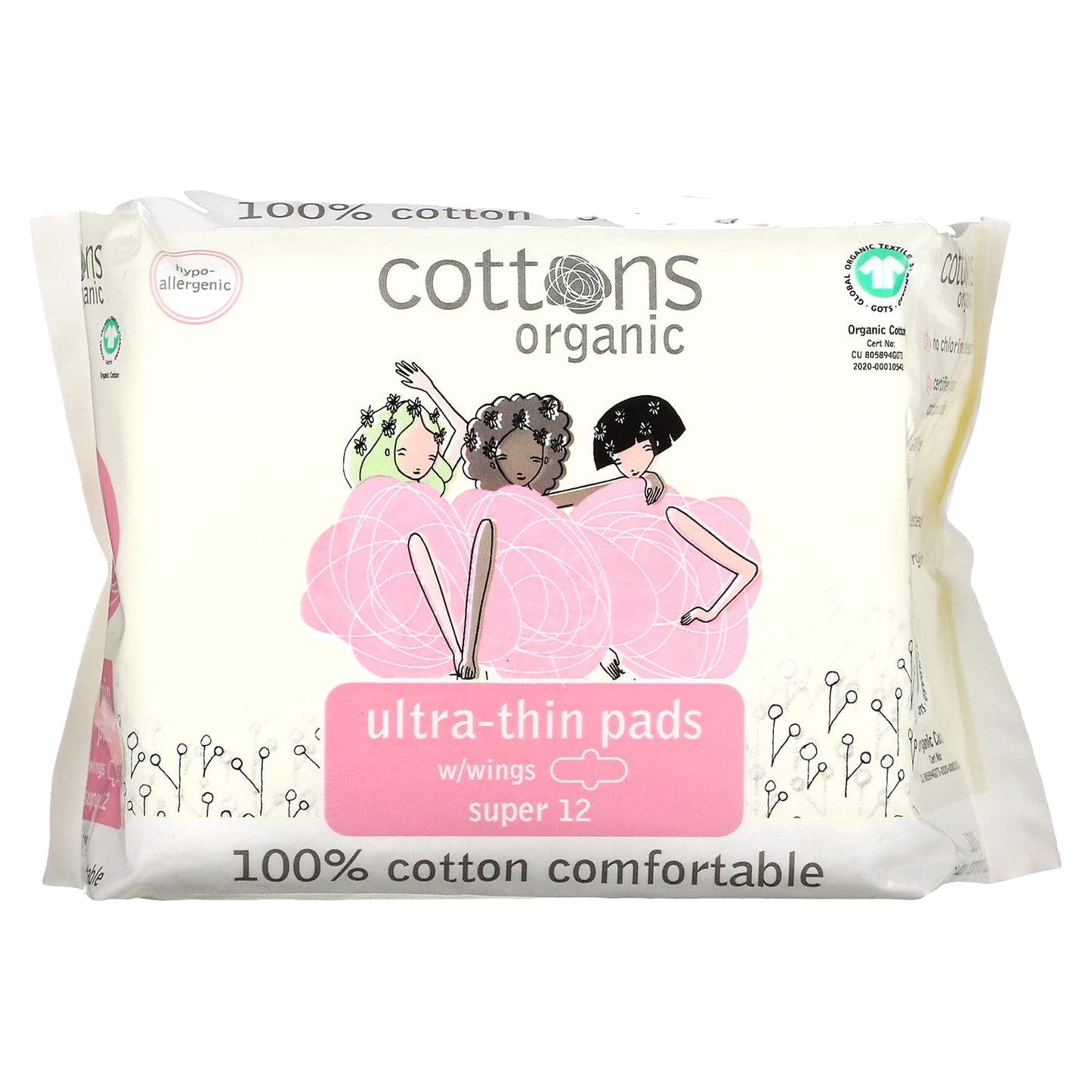 Cottons-100% Natural Cotton Coversheet-Ultra-Thin Pads with Wings-Super-12 Pads