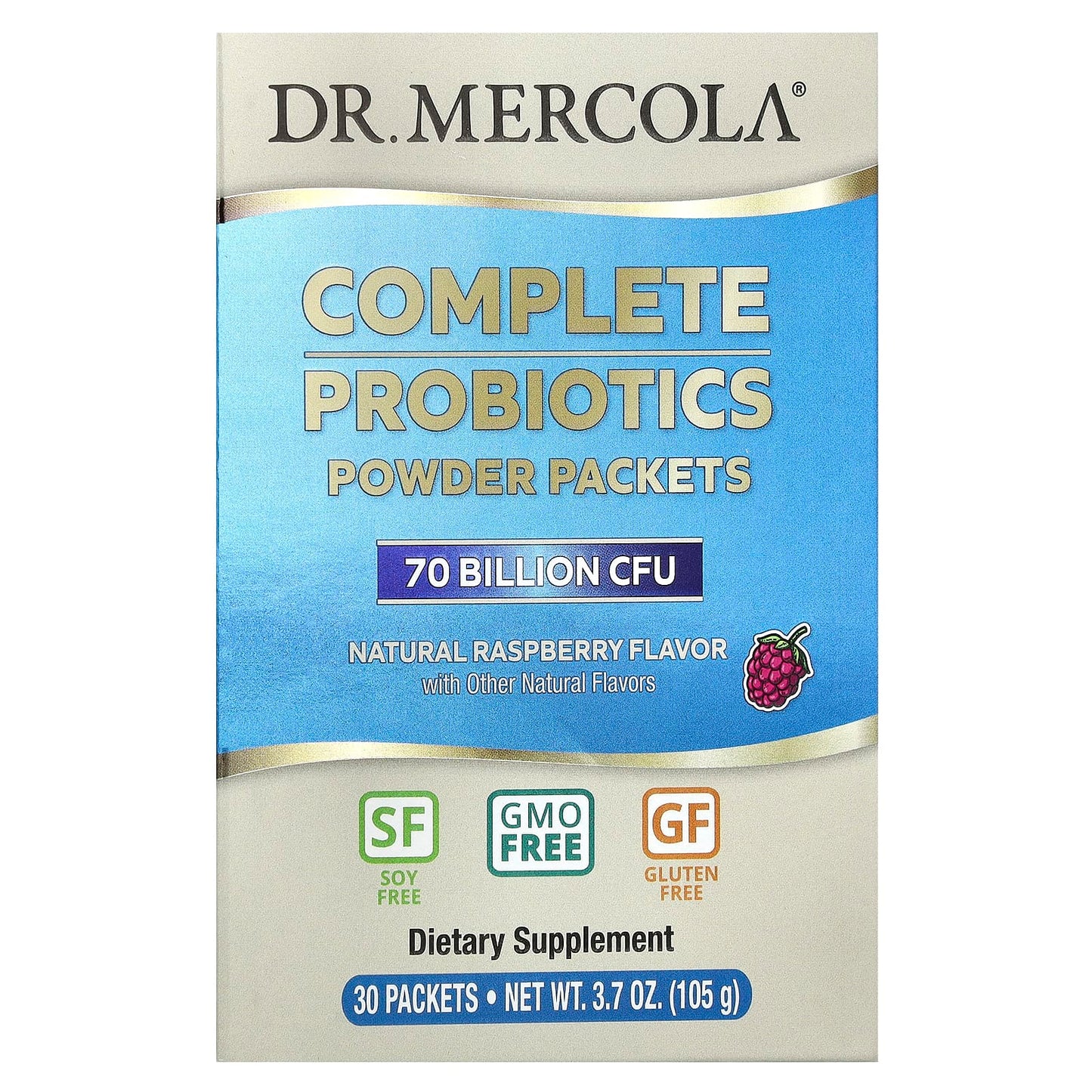 Dr. Mercola-Complete Probiotics Powder Packets-Natural Raspberry -70 Billion CFU-30 Packets-0.12 oz (3.5 g) Each