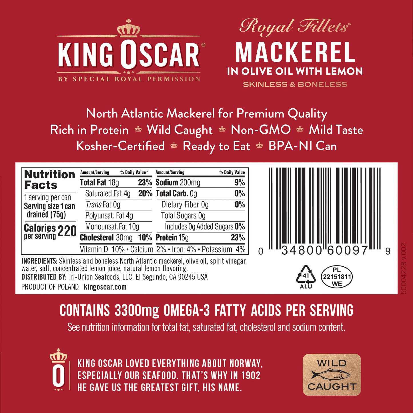 King Oscar, Royal Fillets, Mackerel in Olive Oil with Lemon, 4.05 oz (115 g)