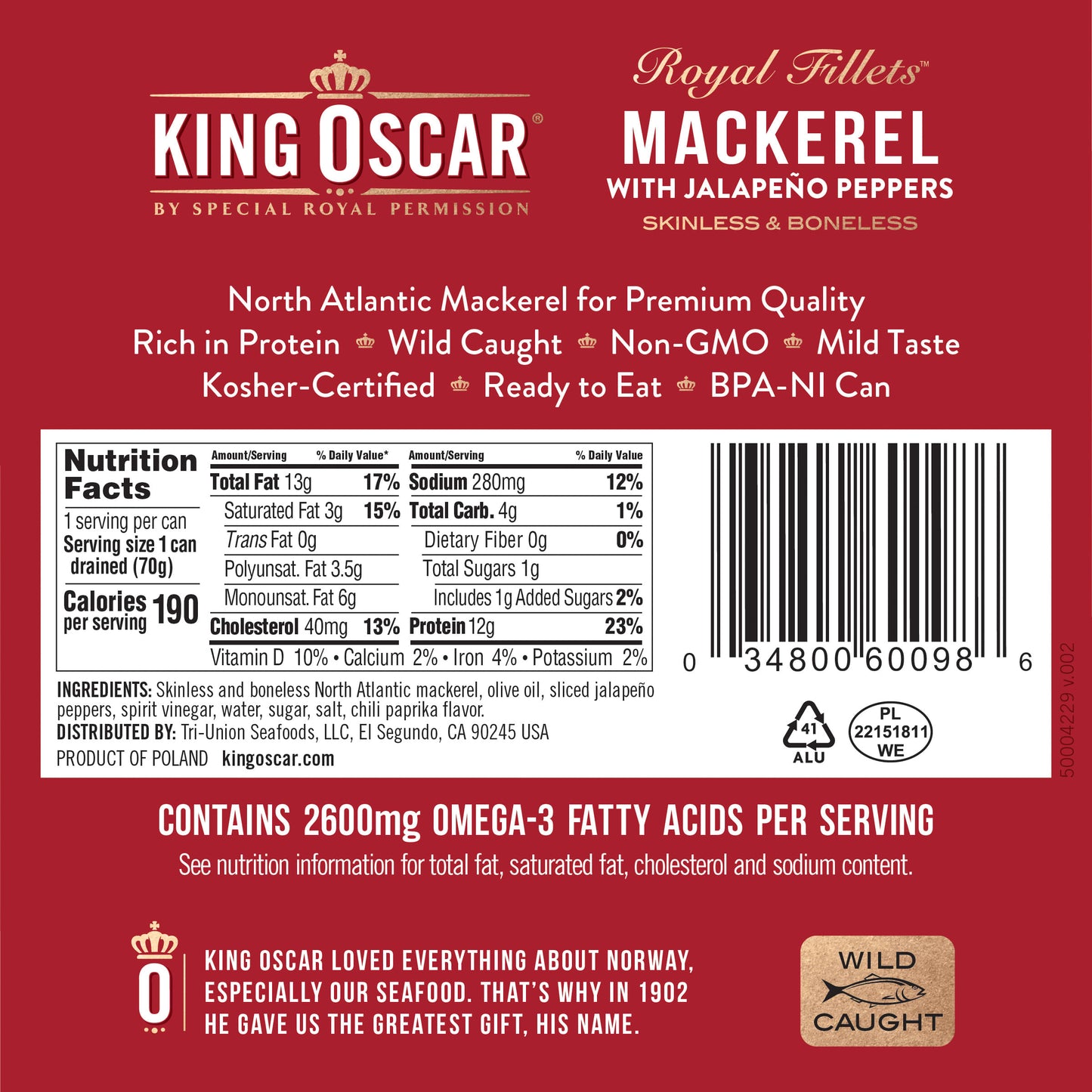 King Oscar, Royal Fillets, Mackerel With Jalapeno Peppers, 4.05 oz (115 g)