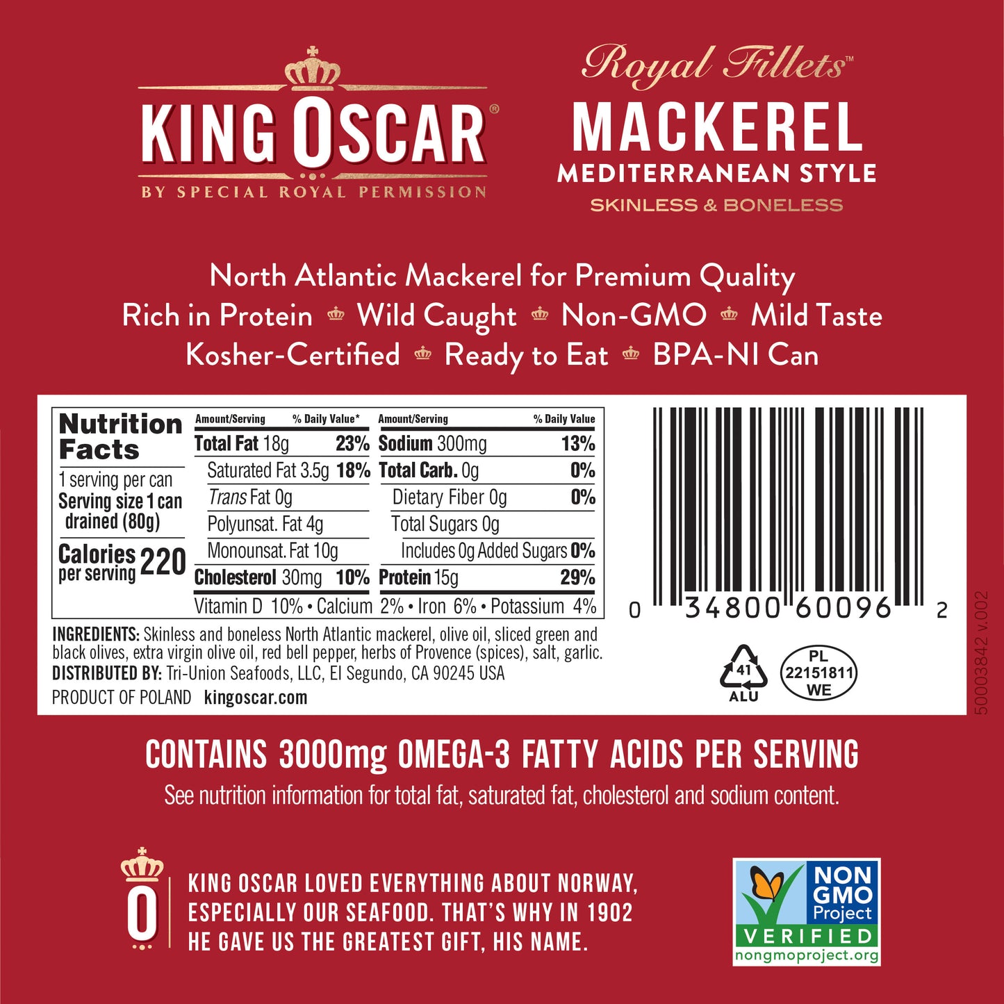 King Oscar, Royal Fillets, Mackerel Mediterranean Style, 4.05 oz (115 g)