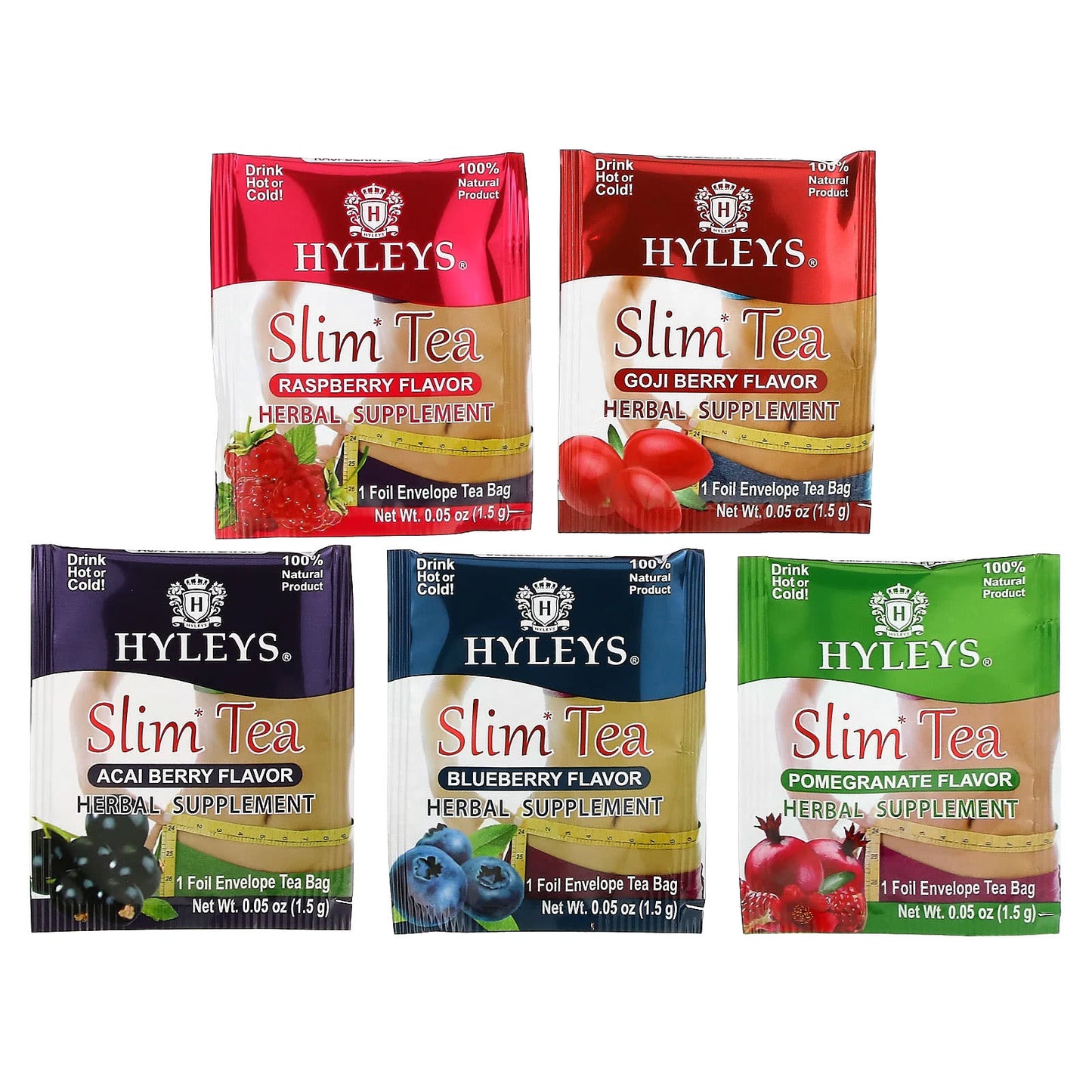 Hyleys Tea, Slim Tea, Assorted Tea Collections, 42 Foil Envelope Tea Bags, 0.05 oz (1.5 g) Each