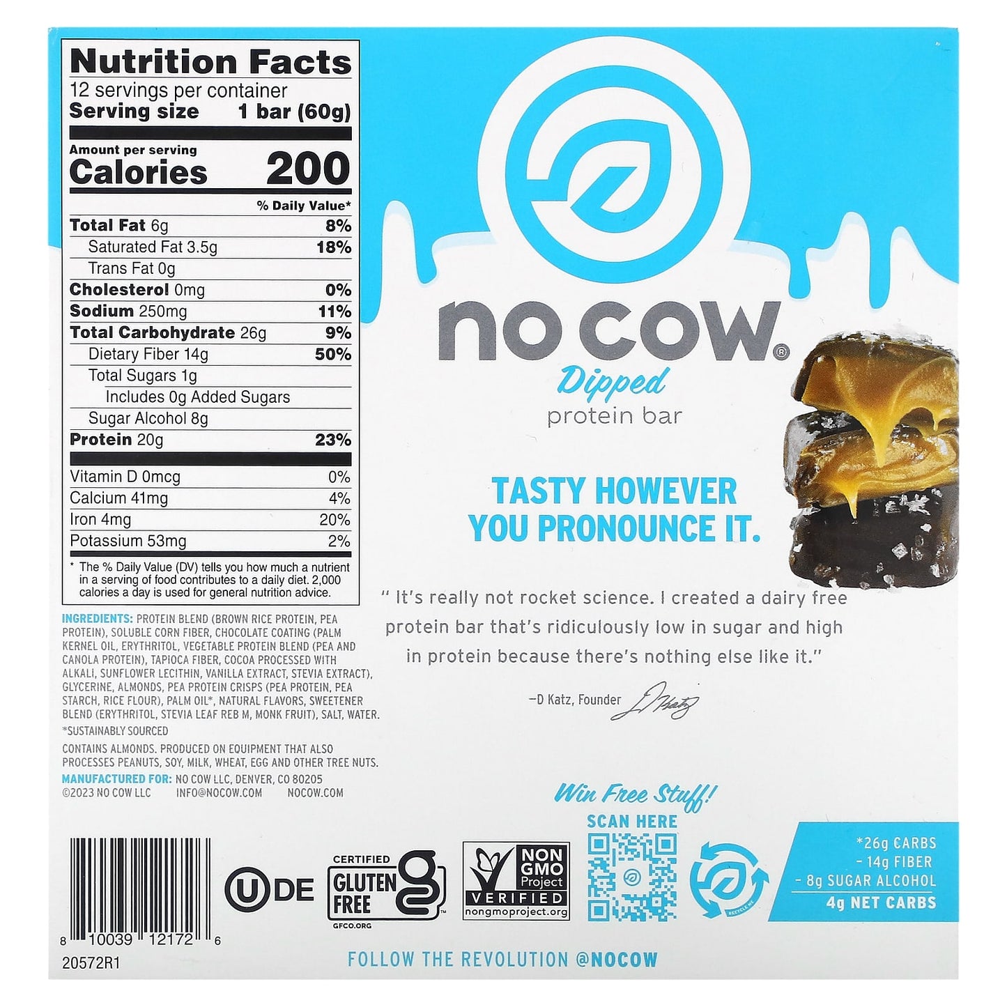 No Cow, Dipped Protein Bar, Chocolate Salted Caramel, 12 Bars, 2.12 oz (60 g) Each