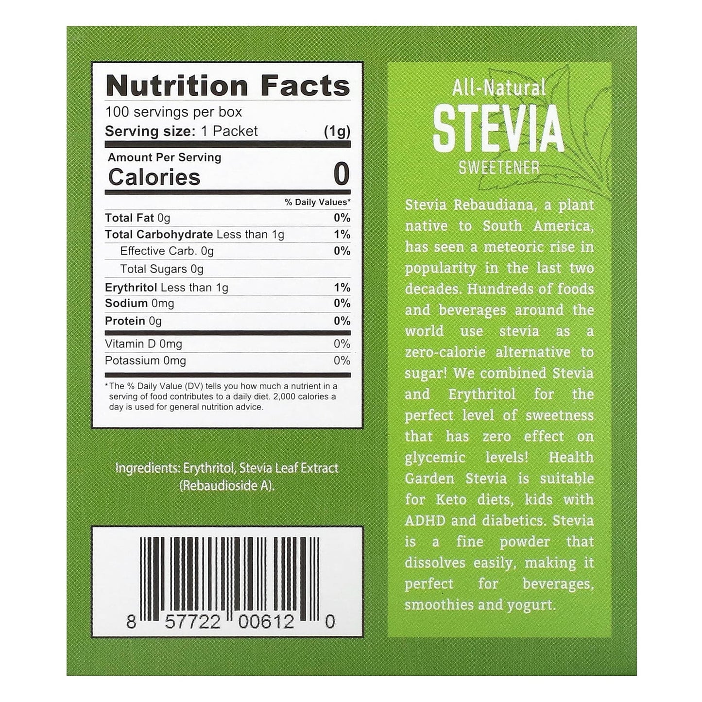 Health Garden, All-Natural Stevia Sweetener, 100 Packets, 1 g Each