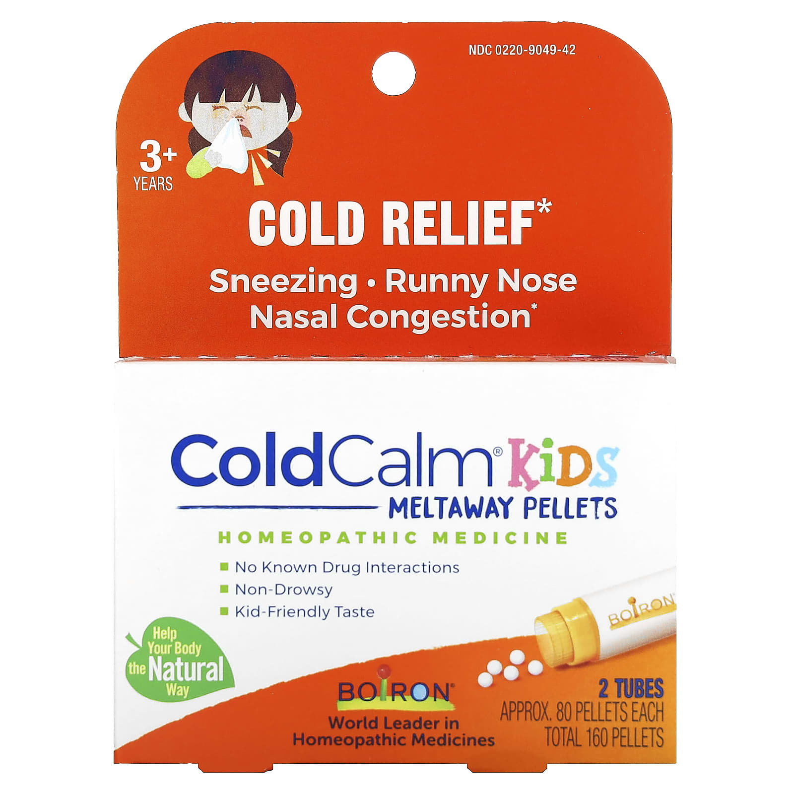 Boiron-ColdCalm Kids Meltaway Pellets-Cold Relief-3+ Years-2 Tubes-Approx. 80 Quick Dissolving Pellets Each