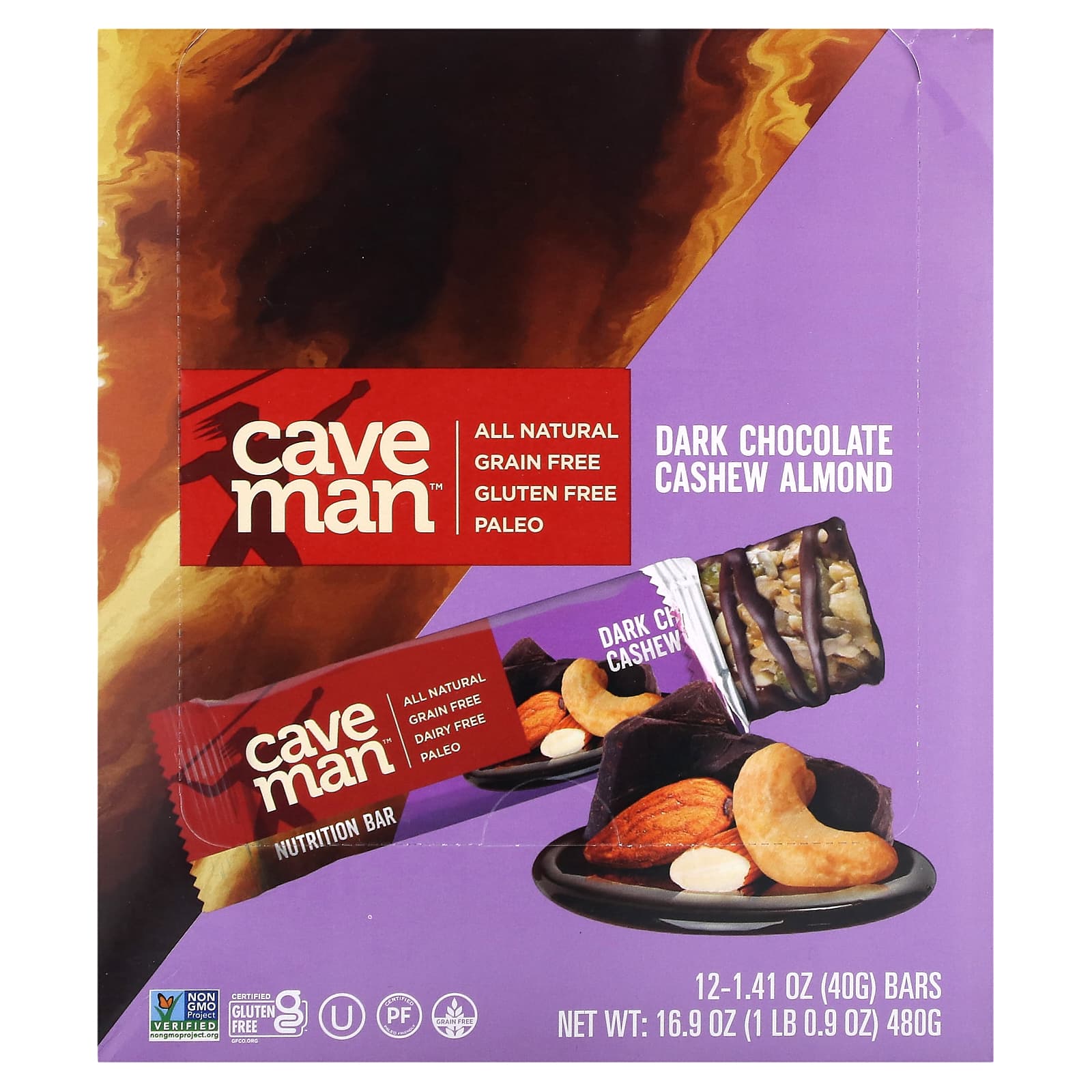 Caveman Foods-Nutrition Bars-Dark Chocolate-Cashew Almond-12 Bars-1.41 oz (40 g) Each