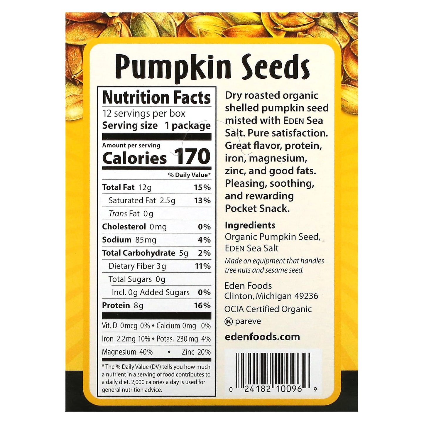 Eden Foods, Pocket Snacks, Organic Pumpkin Seeds, Dry Roasted, 12 Packages, 1 oz (28.3 g) Each