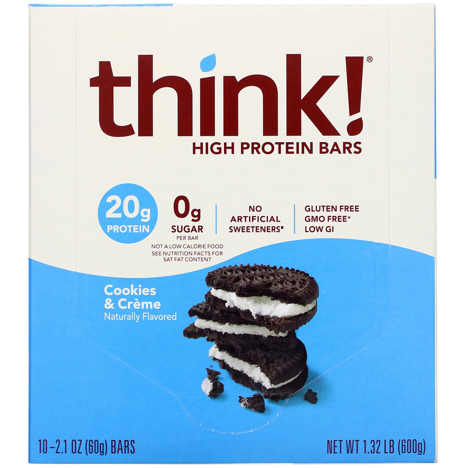 Think !-High Protein Bars-Cookies and Cream-10 Bars-2.1 oz (60 g) Each