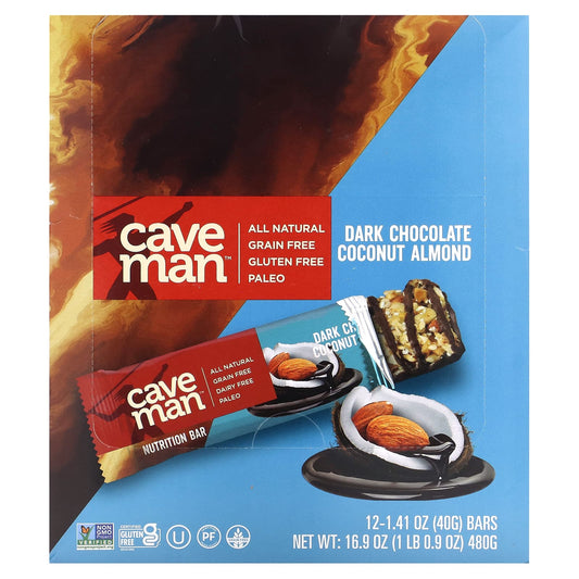 Caveman Foods-Nutrition Bars-Dark Chocolate Coconut Almond-12 Bars-1.41 oz (40 g) Each