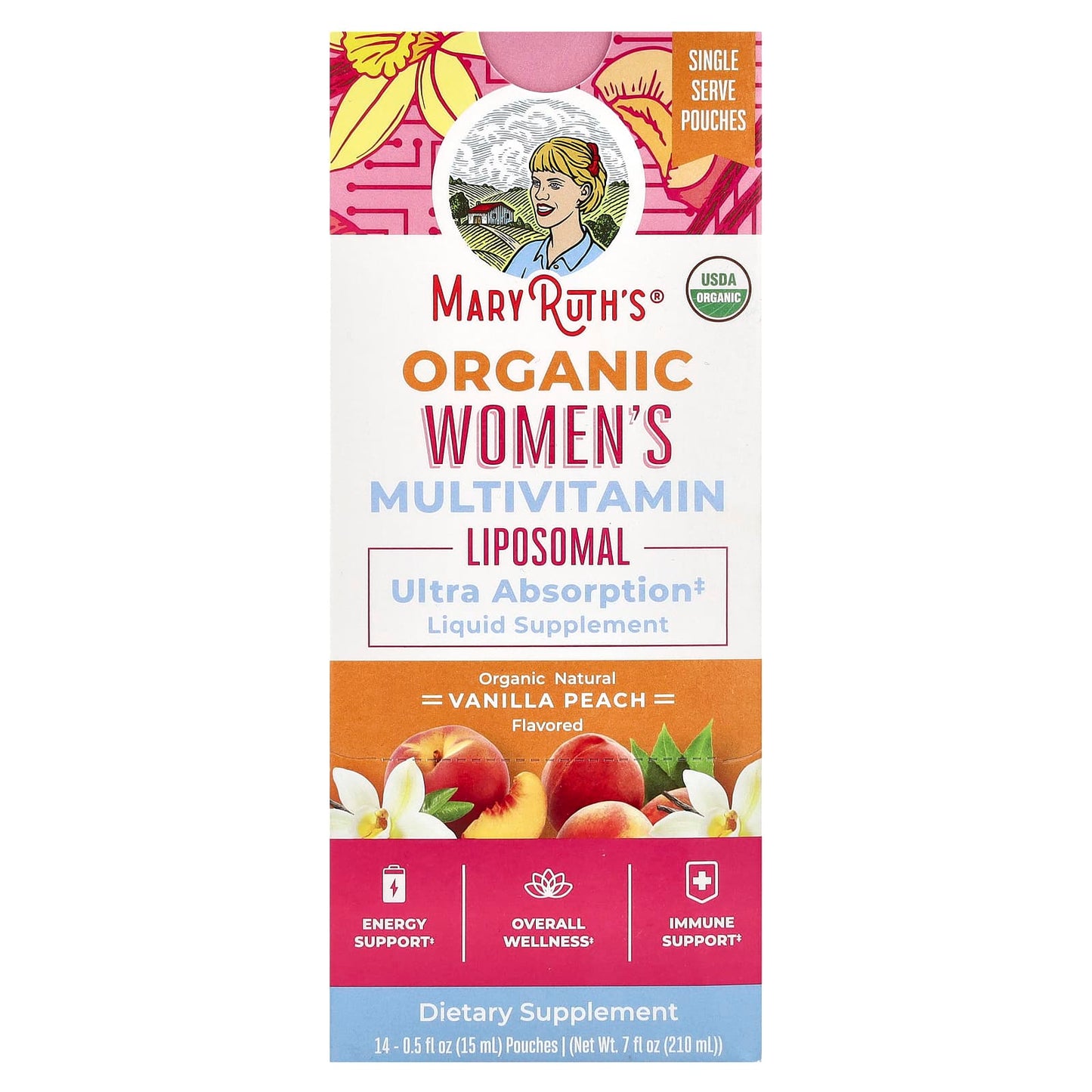 MaryRuth's-Organic Women's Multivitamin Liposomal-Vanilla Peach-14 Pouches-0.5 fl oz (15 ml) Each